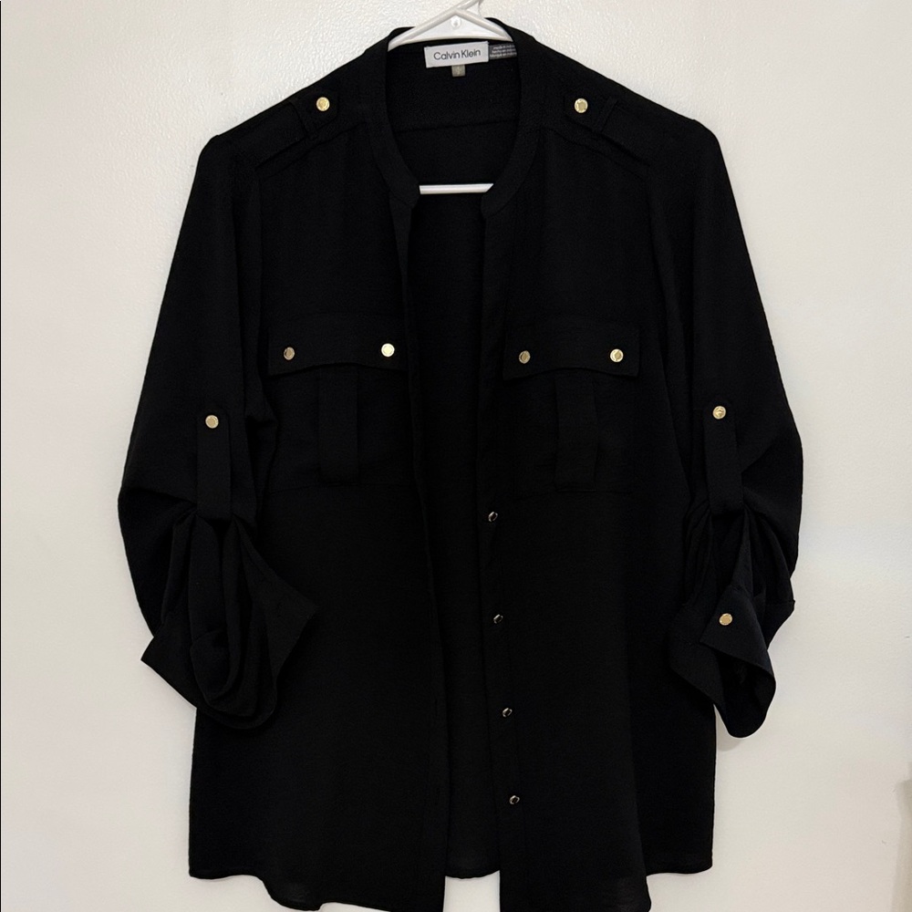Calvin Klein Black Blouse with Gold Buttons